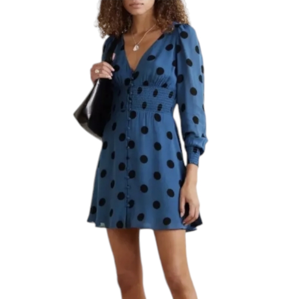 Reformation Women's Alani Mini Dress Blue with Black Polka Dots Size 6